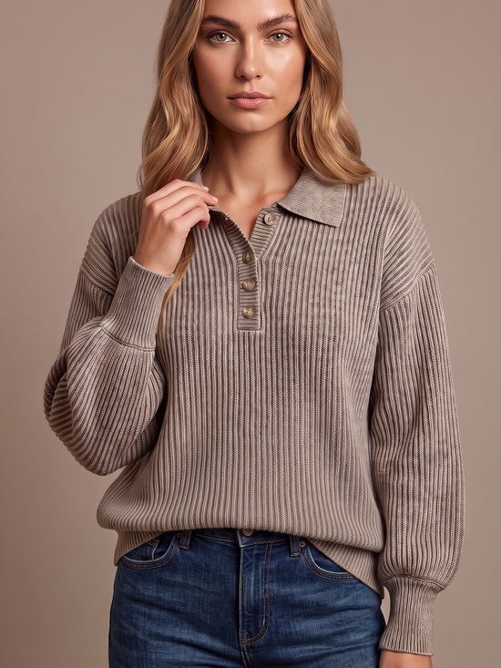 Zenana Outfitters Sweaters - Zenana Outfitters Ribbed Polo Sweater - Taupe
